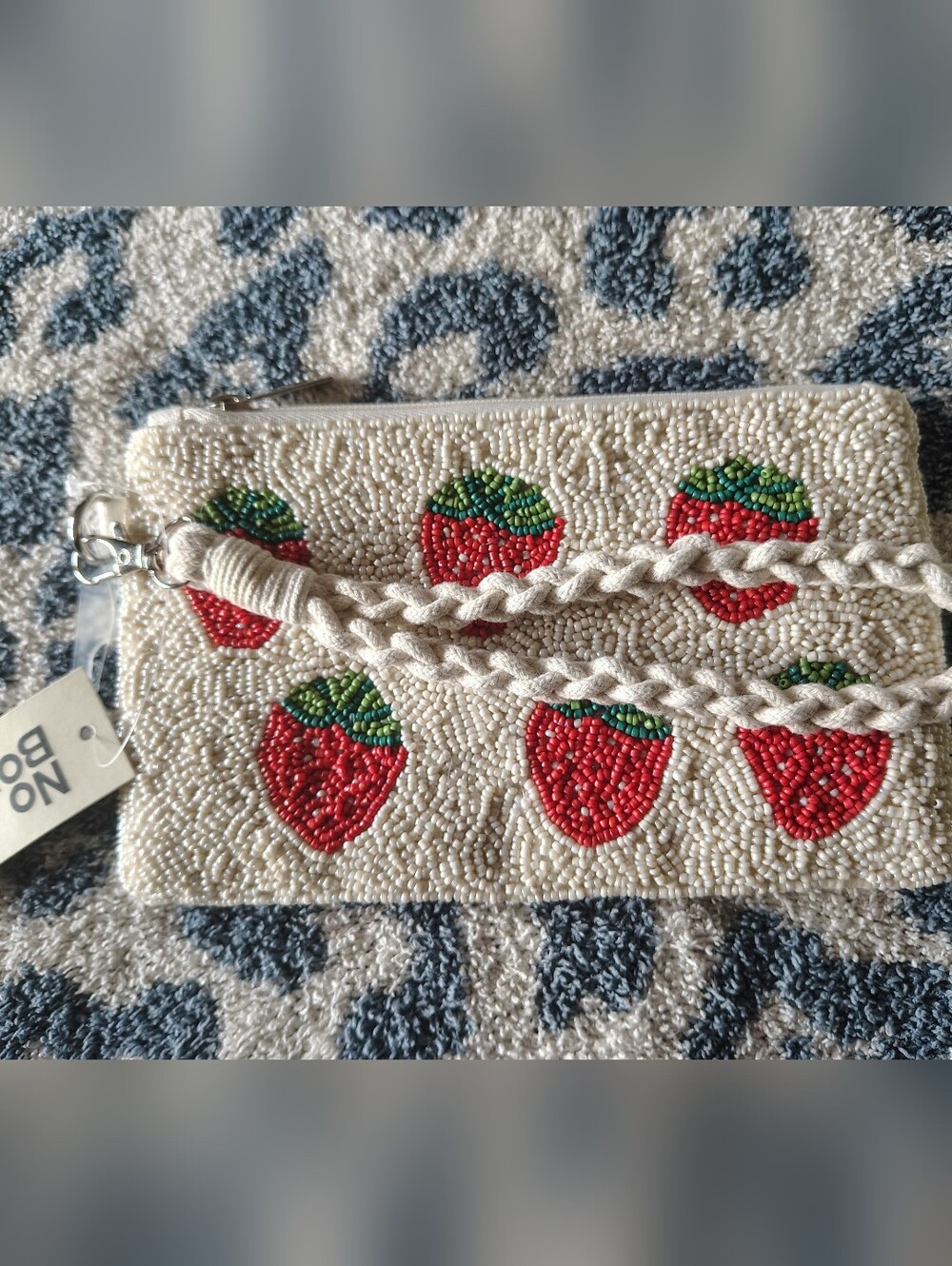 No Boundaries Beaded Strawberry Wristlet Clutch - Cream with Red & Green
